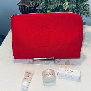 NWT Christian Dior Red Monogrammed Cosmetic Bag w/ Dior Samples (b)